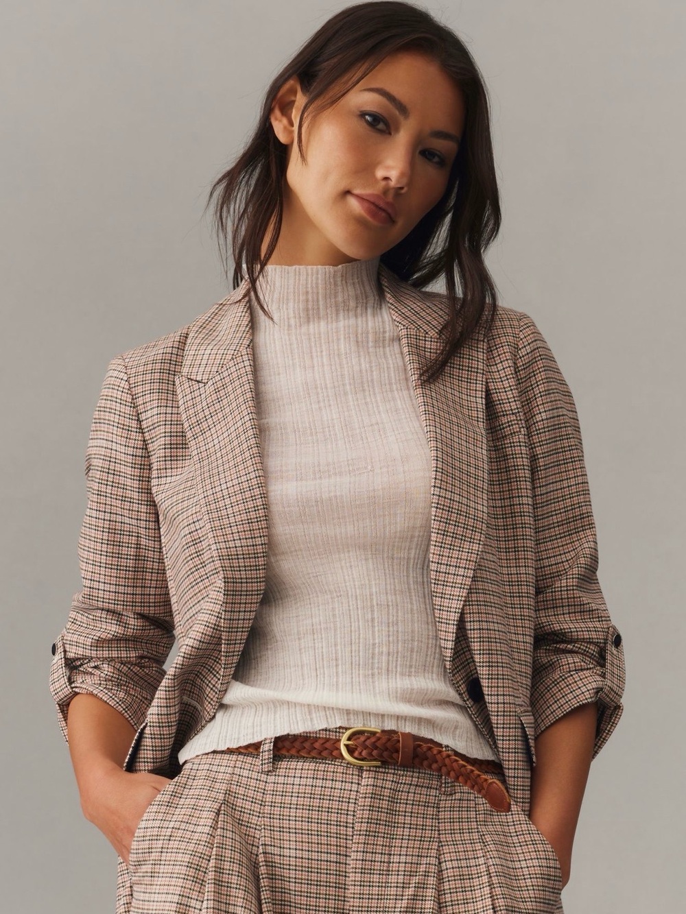 Maeve Blazer Neutral Check Pattern Size US 2 Anthropologie